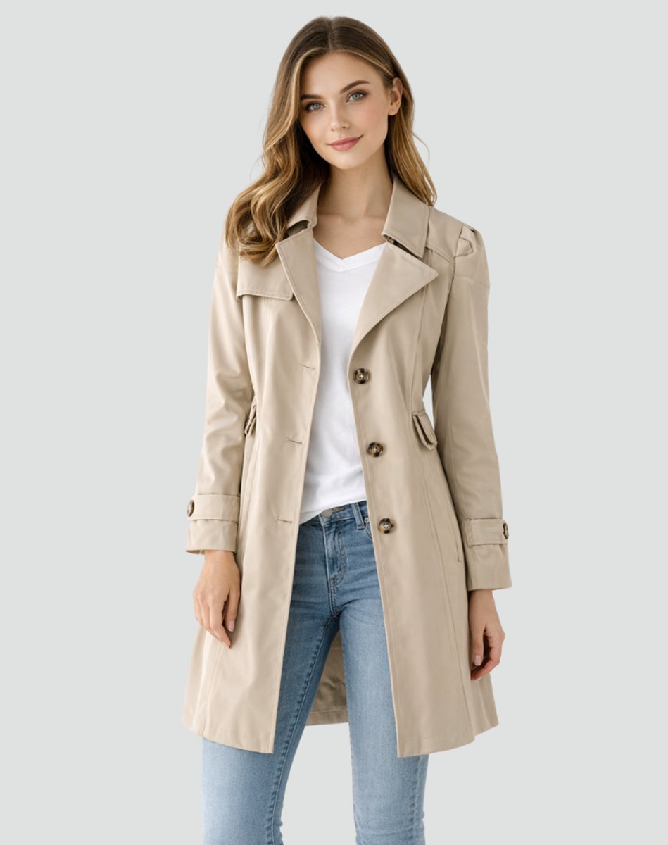 Damen Taillierter Klassischer Trench Coat Mittellanger Mantel - Khaki