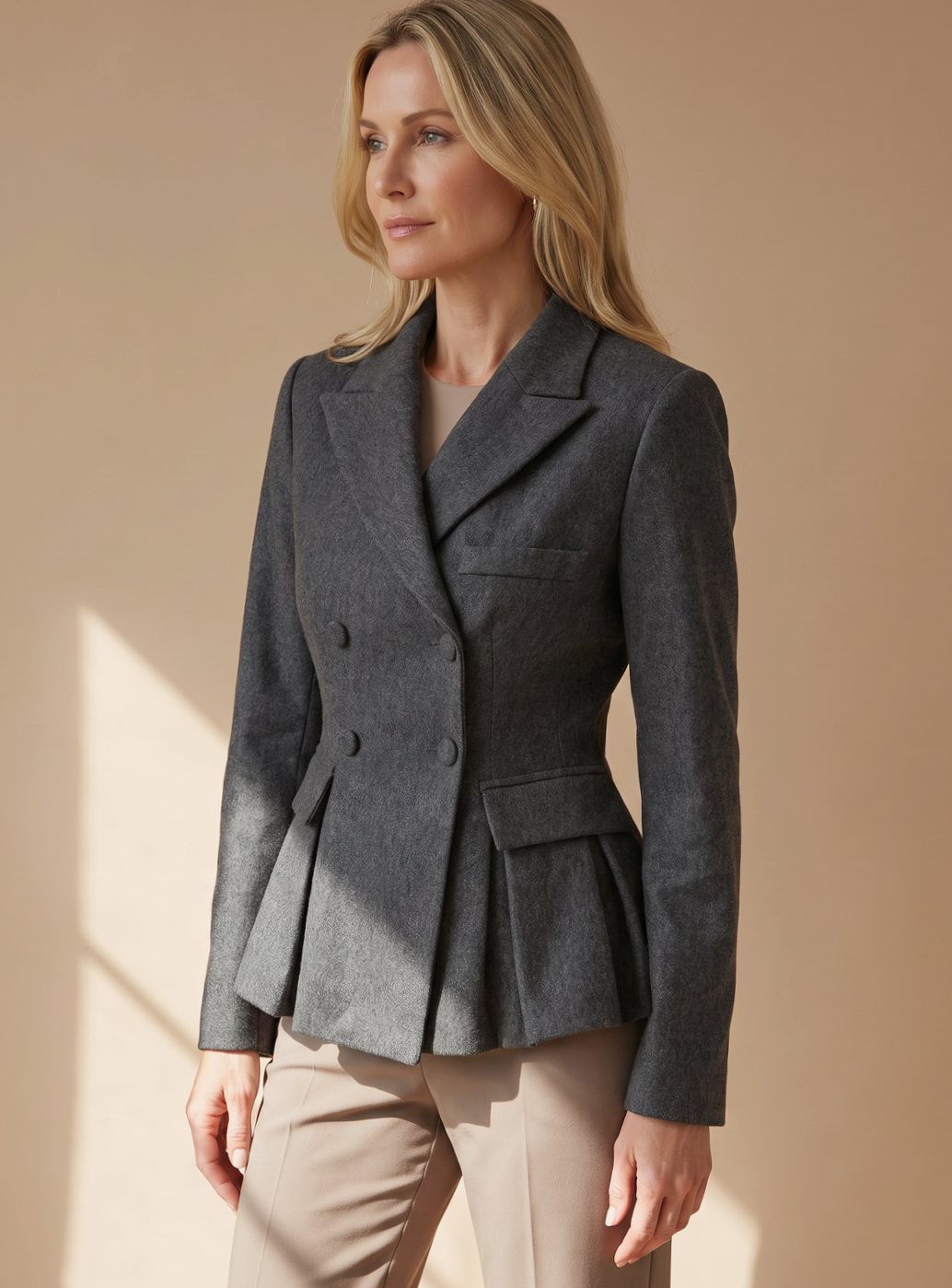 Damen Taillierter Peplum-Blazer Doppelreihig Langarm