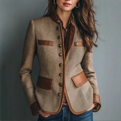 Damen Taillierter Tweed-Blazer Kunstleder-Besatz Knopfleiste - Brown