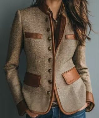 Damen Taillierter Tweed-Blazer Kunstleder-Besatz Knopfleiste
