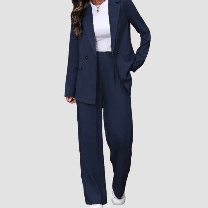 Damen Taillierter Zweireihiger Hosenanzug mit Weiter Hose - Marineblau