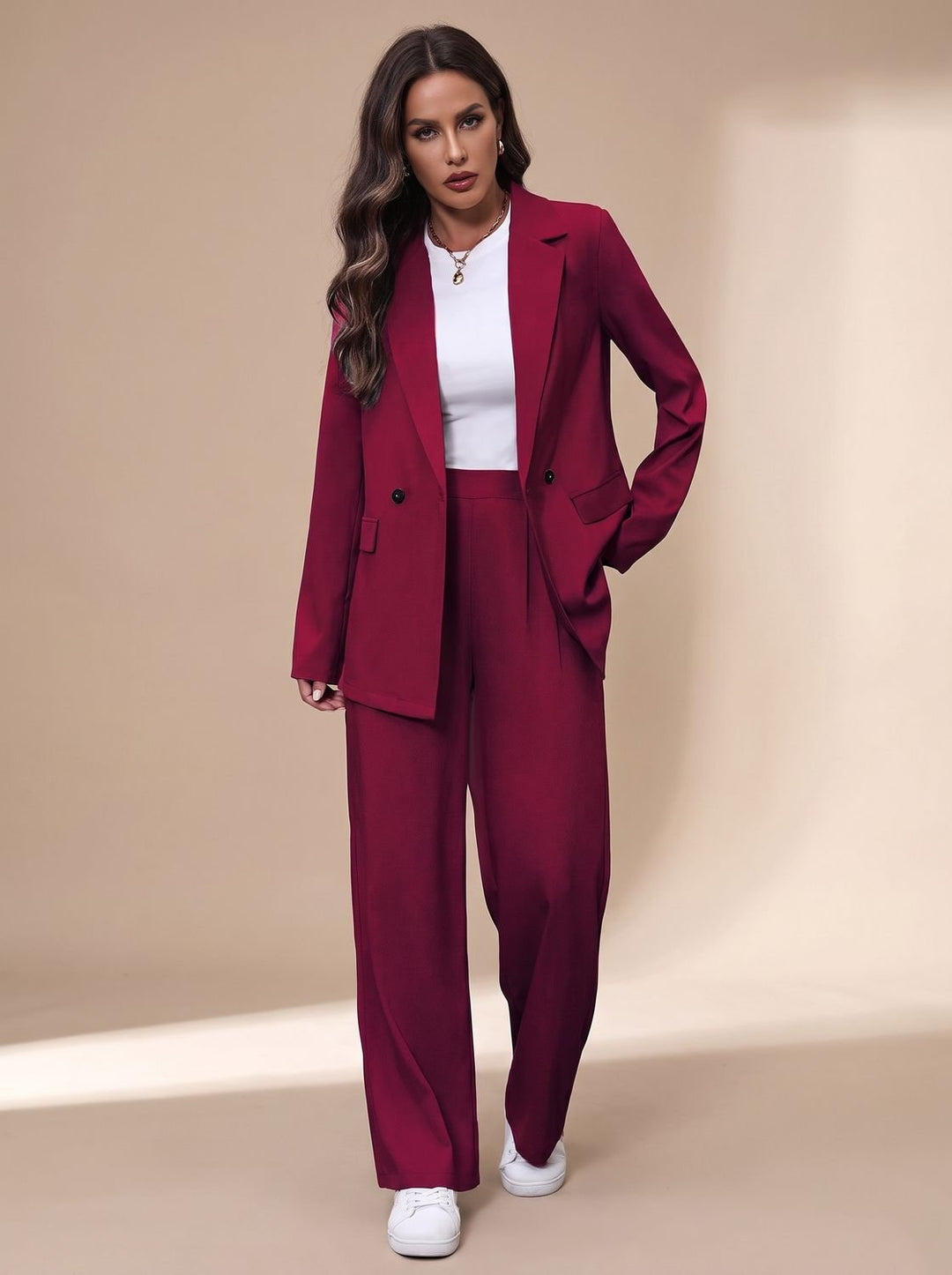 Damen Taillierter Zweireihiger Hosenanzug mit Weiter Hose, Burgundy - Weinrot