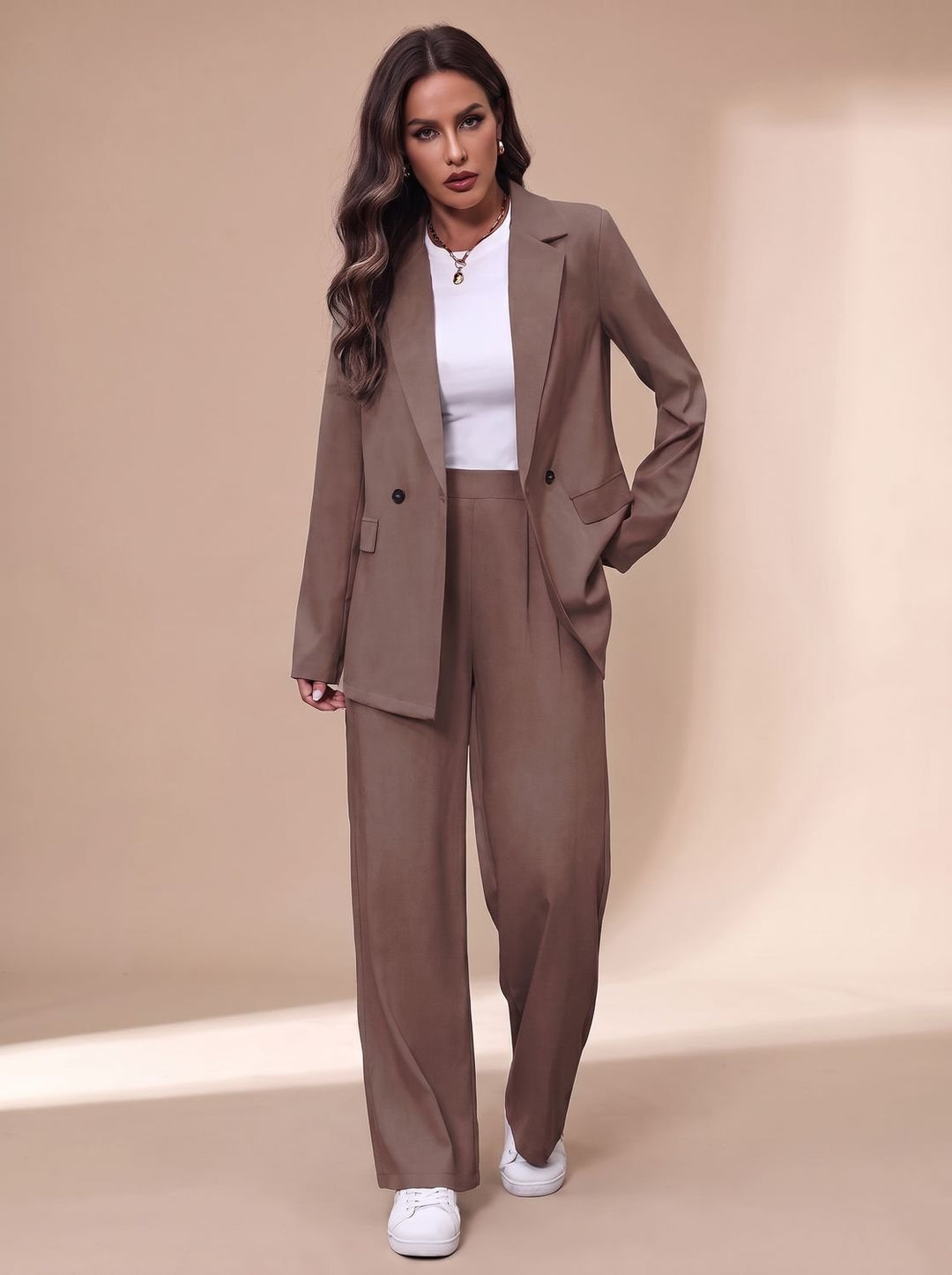 Damen Taillierter Zweireihiger Hosenanzug mit Weiter Hose, Burgundy - Braun
