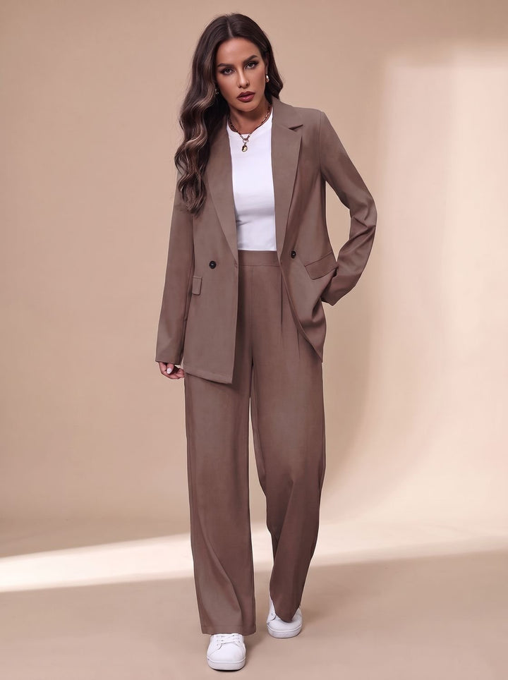 Damen Taillierter Zweireihiger Hosenanzug mit Weiter Hose, Burgundy - Braun