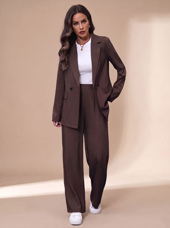 Damen Taillierter Zweireihiger Hosenanzug mit Weiter Hose, Burgundy - Dunkelbraun
