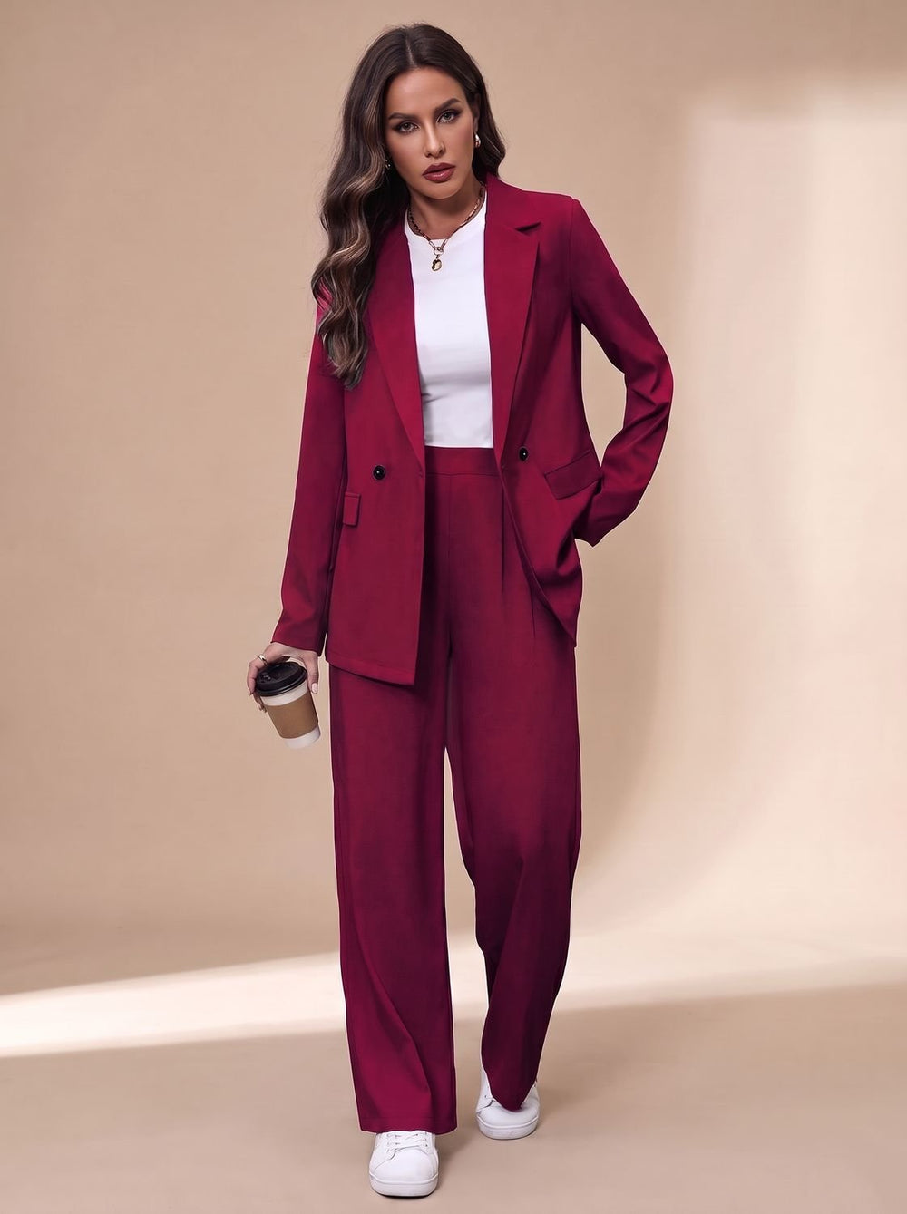 Damen Taillierter Zweireihiger Hosenanzug mit Weiter Hose, Burgundy