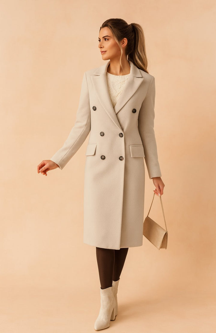 Damen Taillierter Zweireihiger Longline Blazer Mantel - Beige