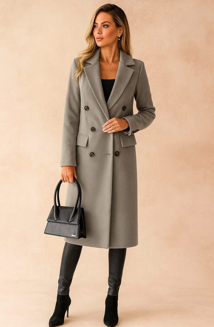 Damen Taillierter Zweireihiger Longline Blazer Mantel - Grau