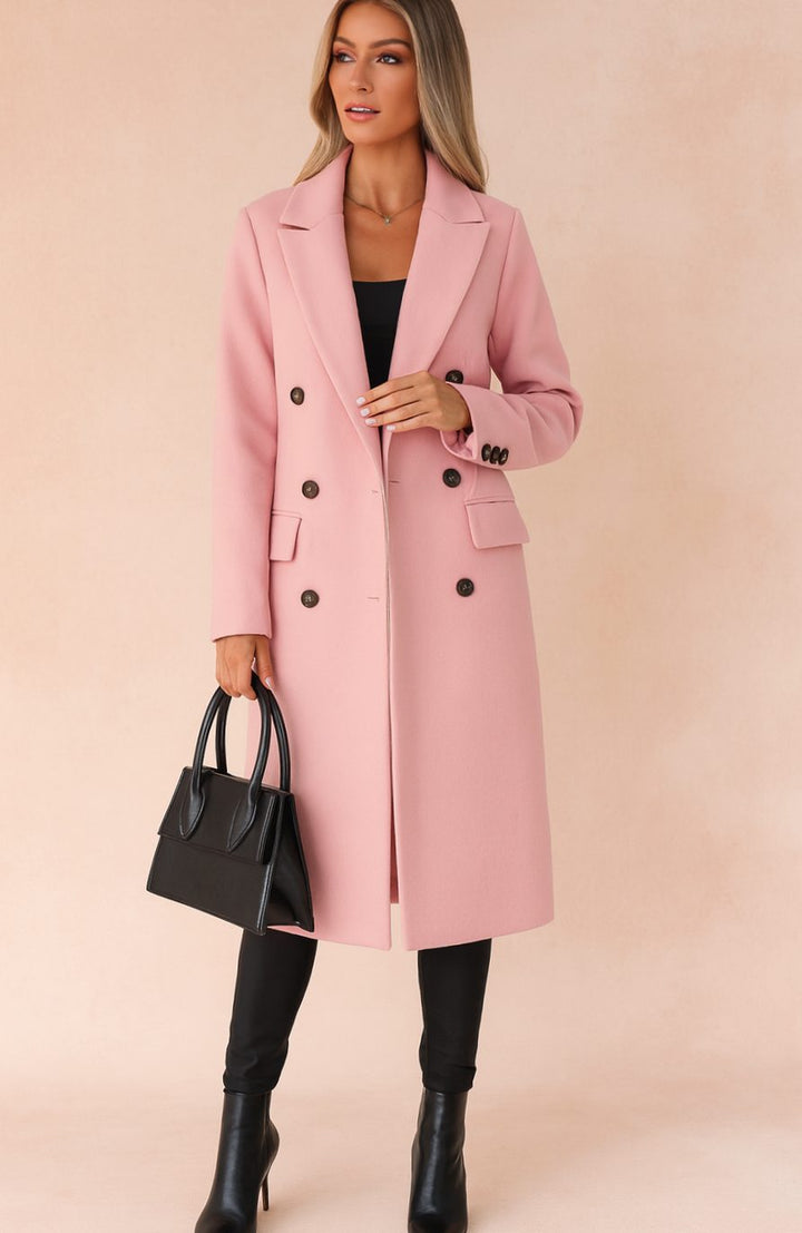 Damen Taillierter Zweireihiger Longline Blazer Mantel - Rosa