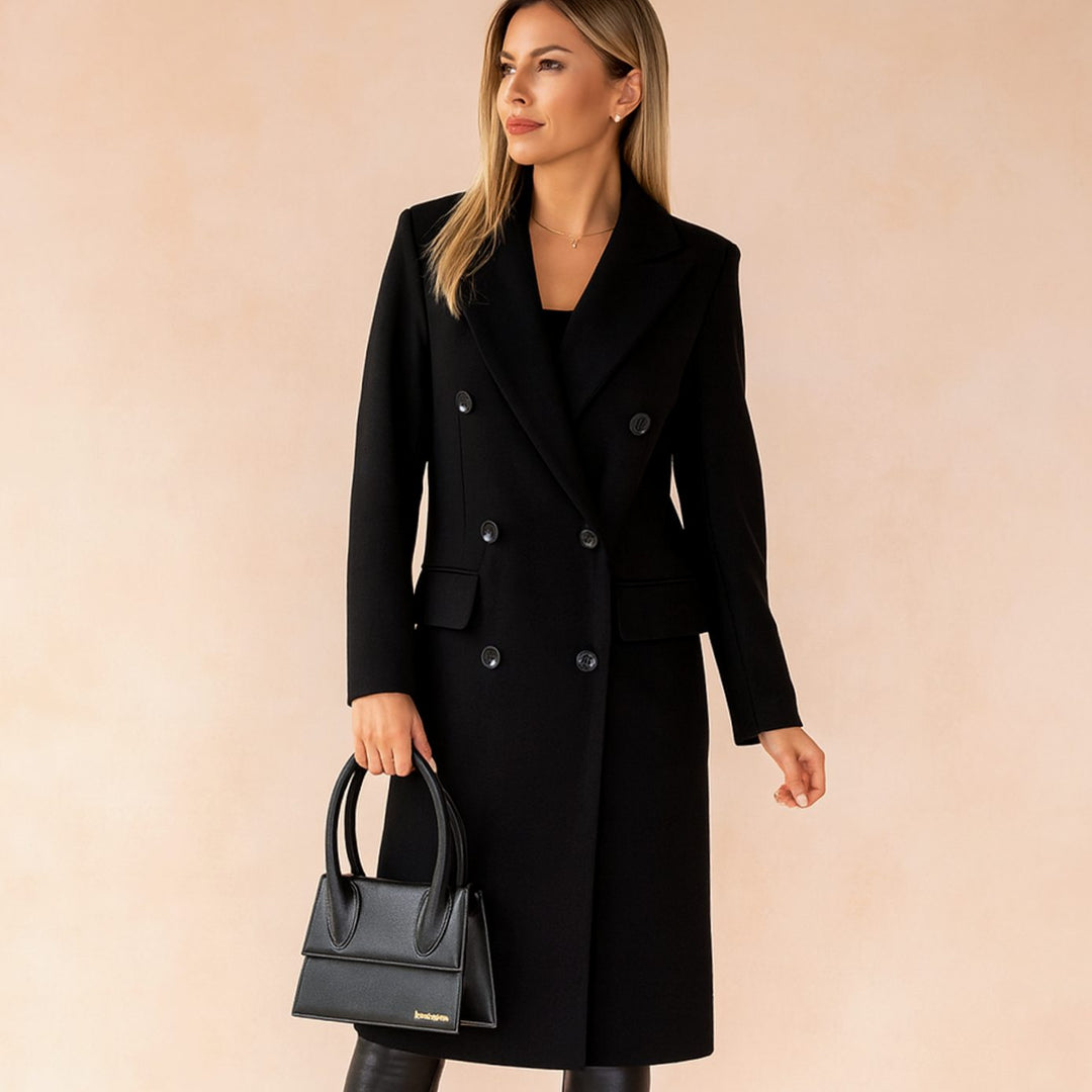 Damen Taillierter Zweireihiger Longline Blazer Mantel - Schwarz
