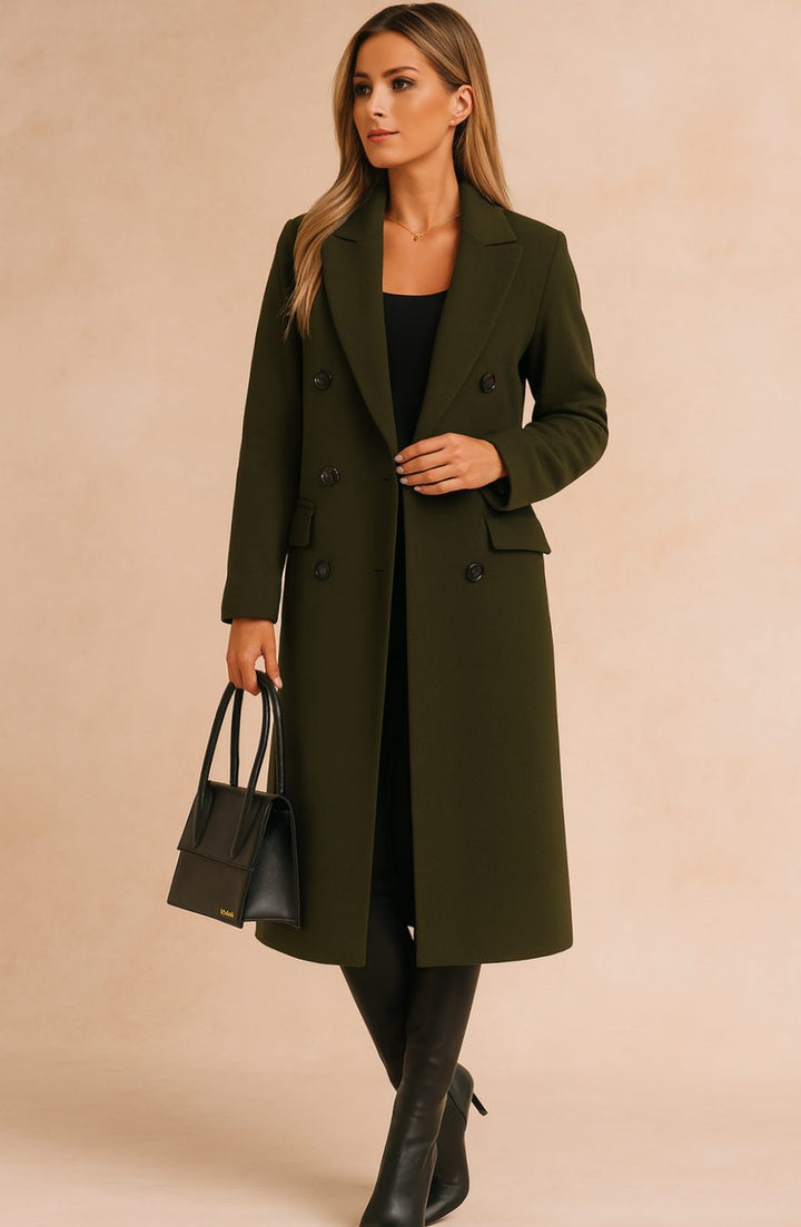 Damen Taillierter Zweireihiger Longline Blazer Mantel - Armeegrün