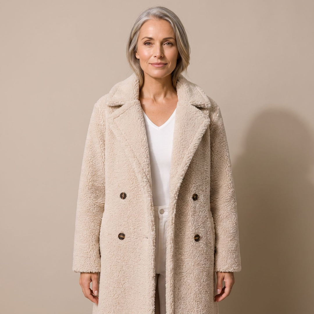 Damen Teddy Coat Langer Zweireihiger Kunstfell Wintermantel - Beige