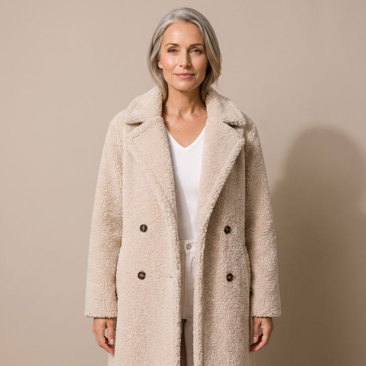 Damen Teddy Coat Langer Zweireihiger Kunstfell Wintermantel - Beige