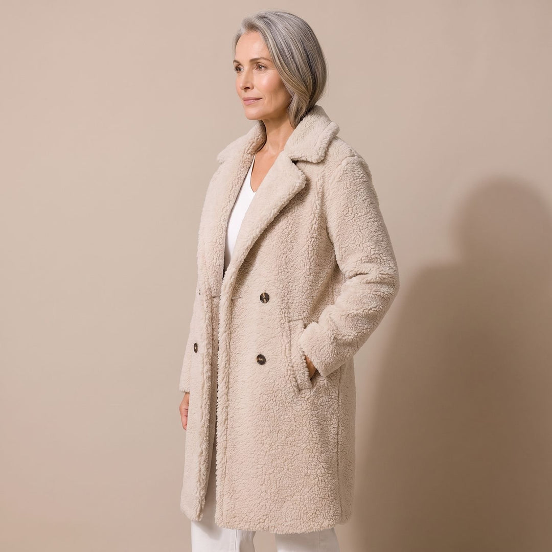 Damen Teddy Coat Langer Zweireihiger Kunstfell Wintermantel