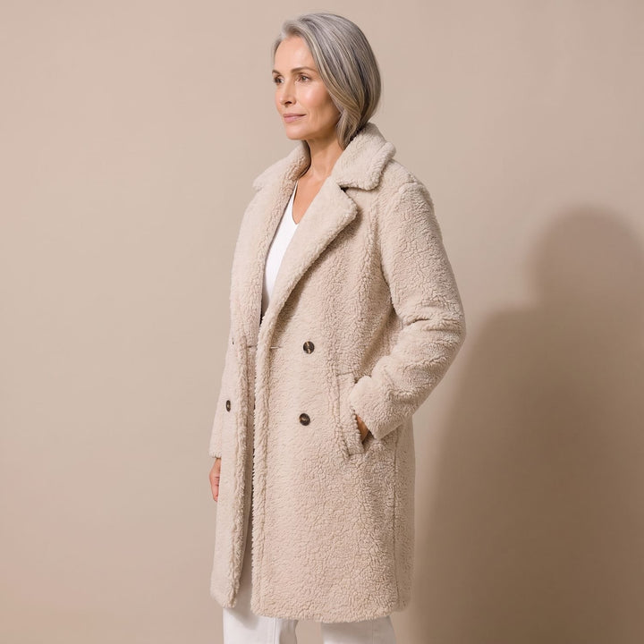 Damen Teddy Coat Langer Zweireihiger Kunstfell Wintermantel