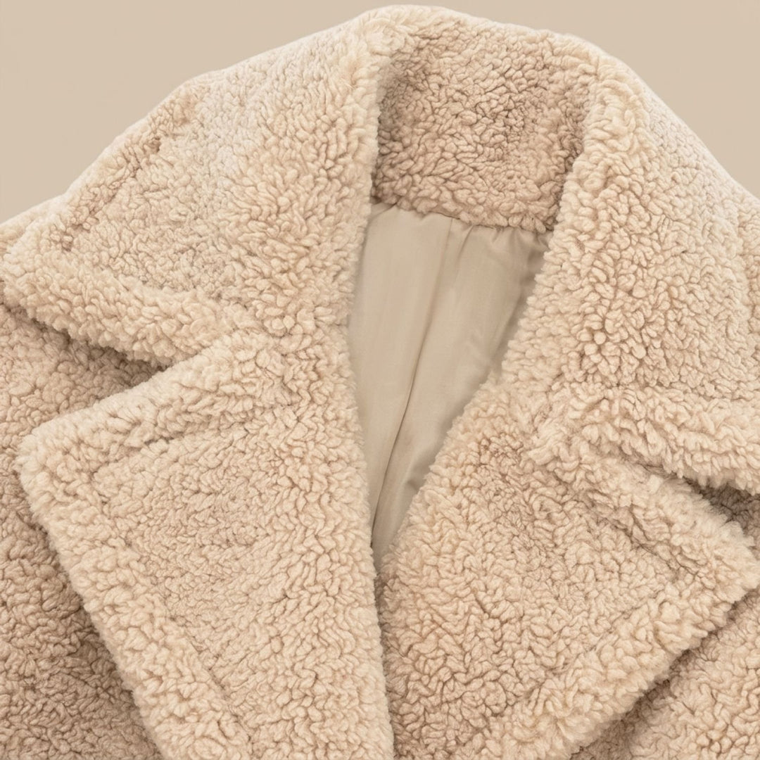 Damen Teddy Coat Langer Zweireihiger Kunstfell Wintermantel