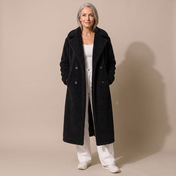 Damen Teddy Coat Langer Zweireihiger Kunstfell Wintermantel - Schwarz