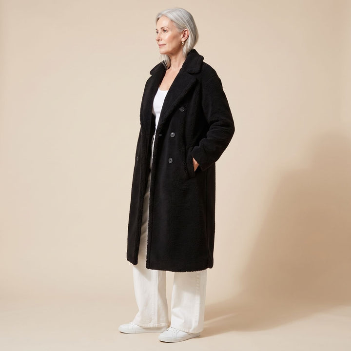 Damen Teddy Coat Langer Zweireihiger Kunstfell Wintermantel