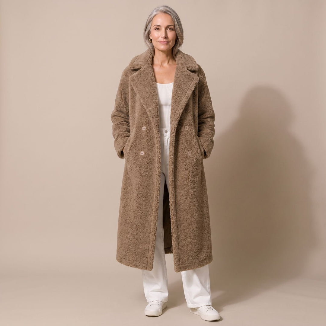 Damen Teddy Coat Langer Zweireihiger Kunstfell Wintermantel - Braun