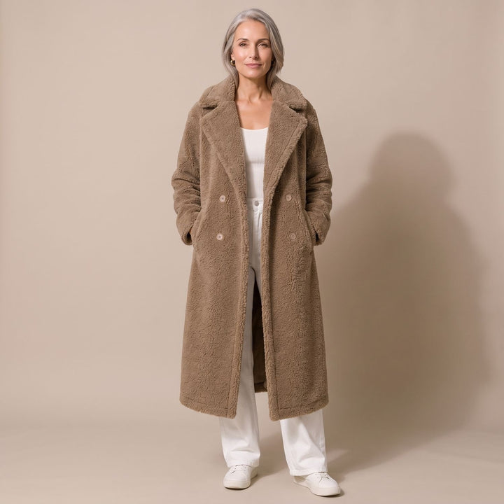Damen Teddy Coat Langer Zweireihiger Kunstfell Wintermantel - Braun