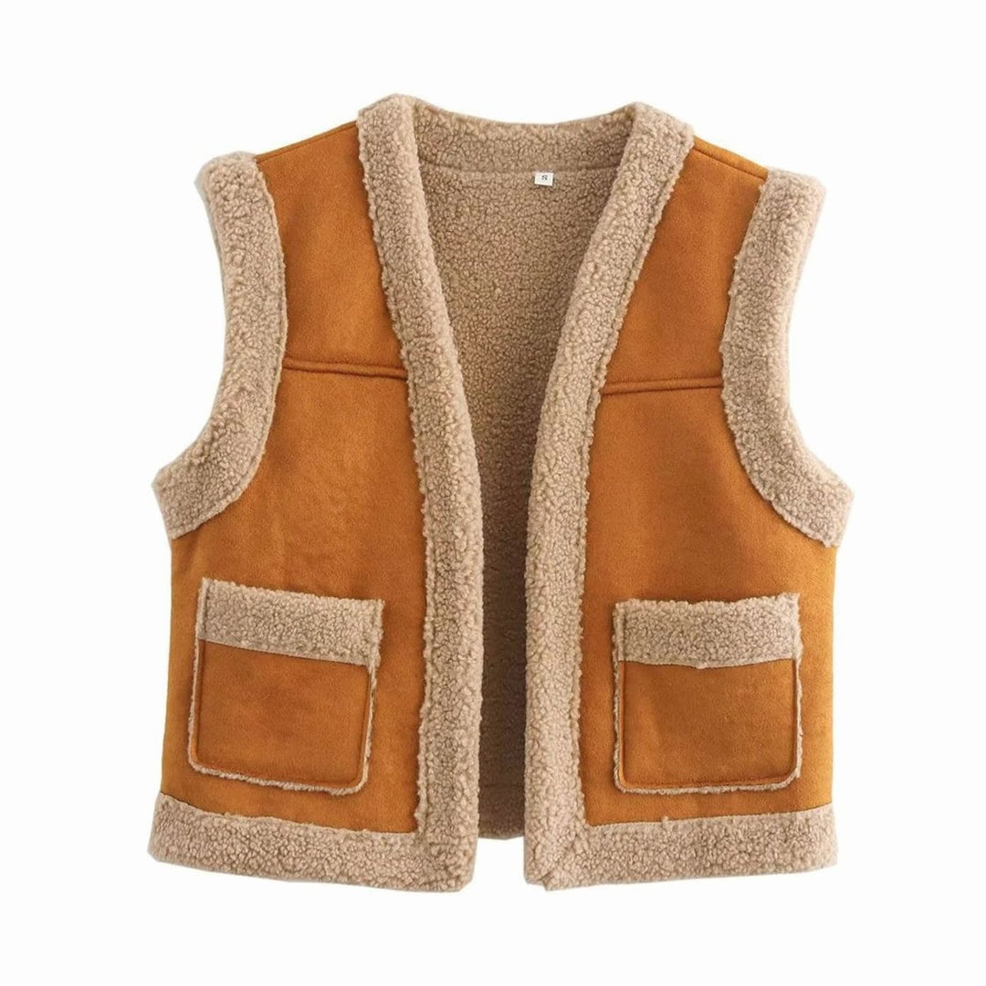 Damen Teddyfell-Weste Wildleder-Optik Fleece-Innenfutter Fronttaschen - Braun