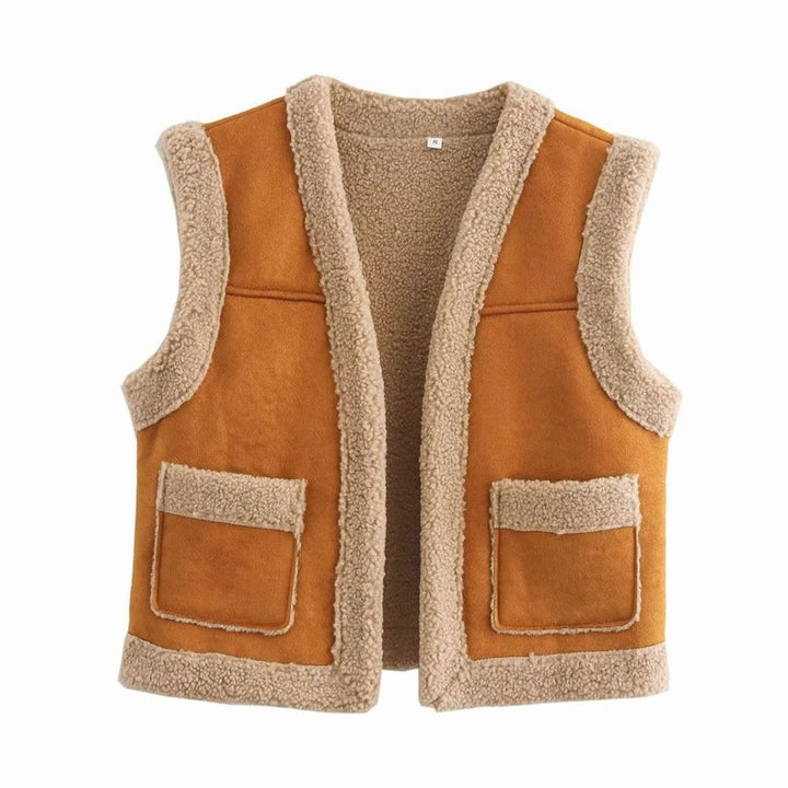 Damen Teddyfell-Weste Wildleder-Optik Fleece-Innenfutter Fronttaschen - Braun