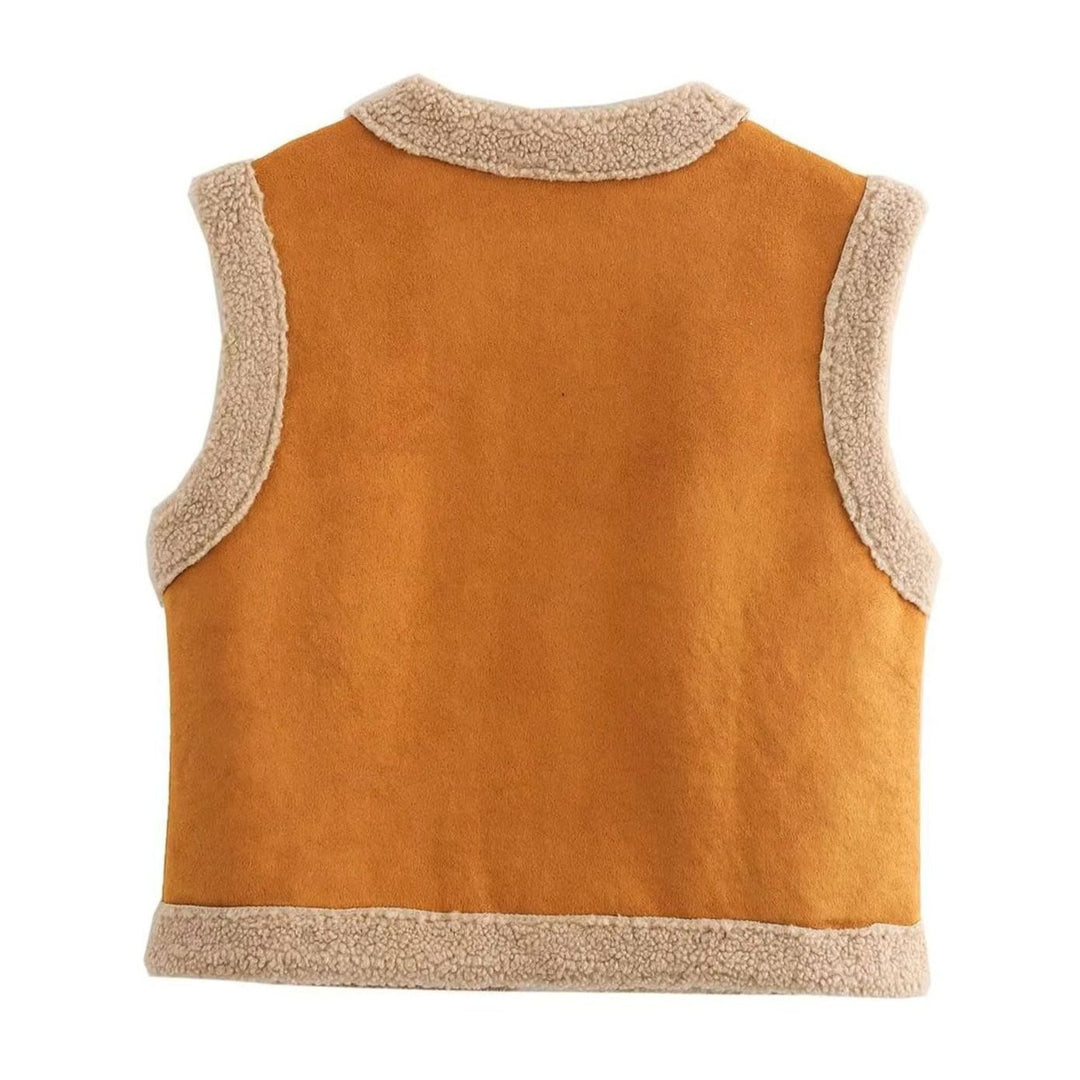 Damen Teddyfell-Weste Wildleder-Optik Fleece-Innenfutter Fronttaschen