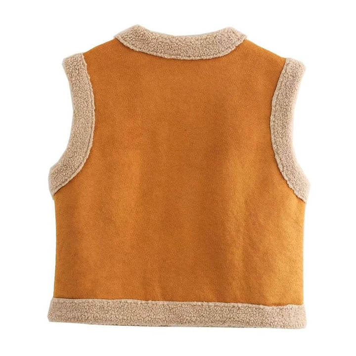 Damen Teddyfell-Weste Wildleder-Optik Fleece-Innenfutter Fronttaschen