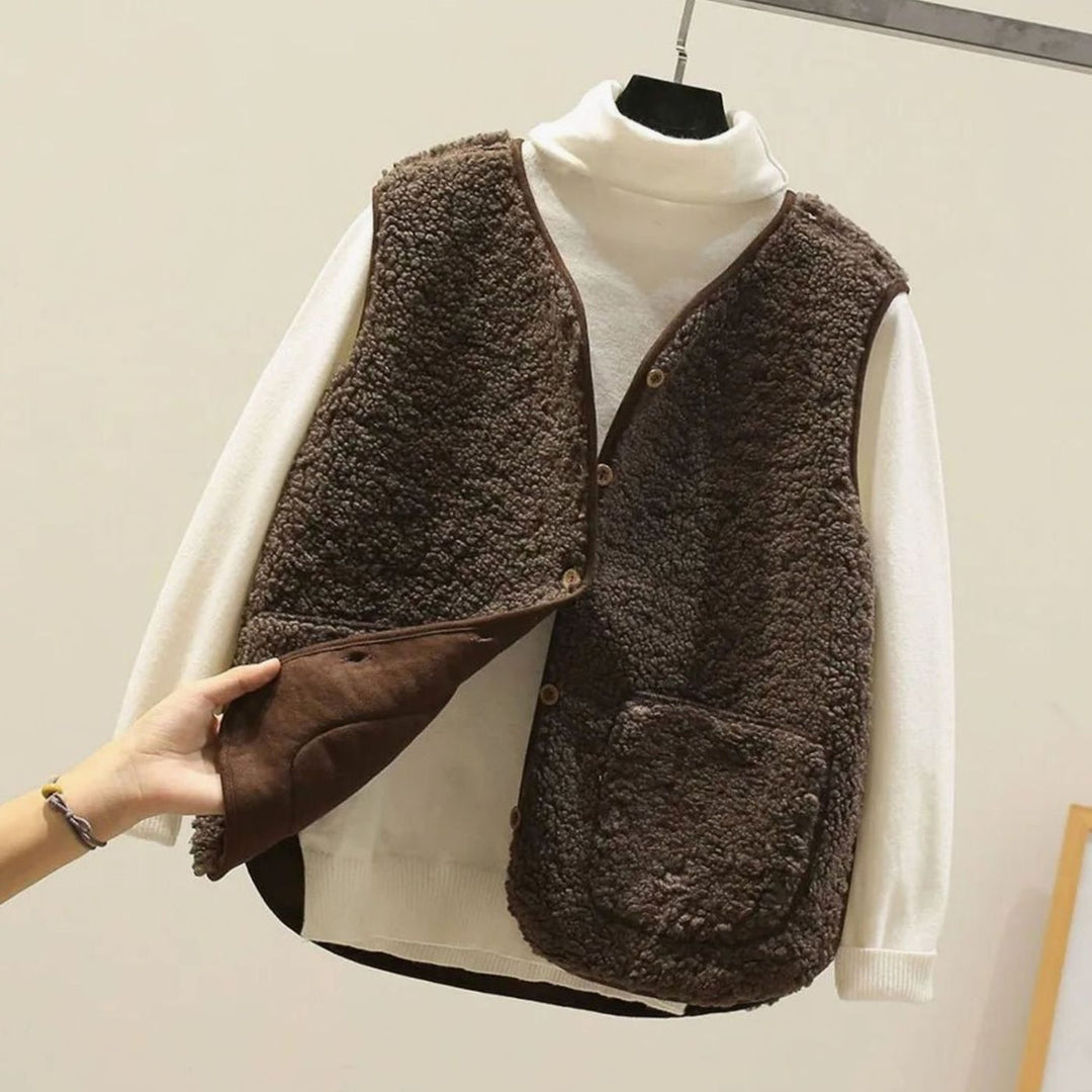 Damen Teddyfleece-Weste mit V-Ausschnitt und Knopfleiste - Braun