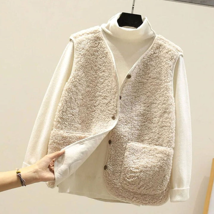 Damen Teddyfleece-Weste mit V-Ausschnitt und Knopfleiste - Beige
