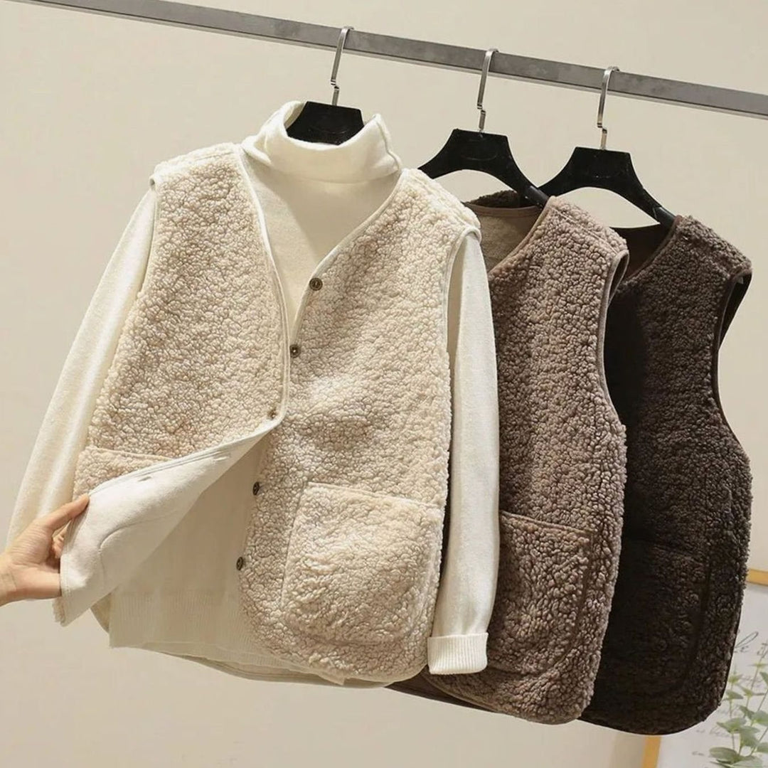 Damen Teddyfleece-Weste mit V-Ausschnitt und Knopfleiste