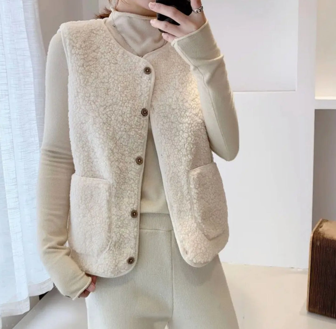 Damen Teddyfleece-Weste mit V-Ausschnitt und Knopfleiste
