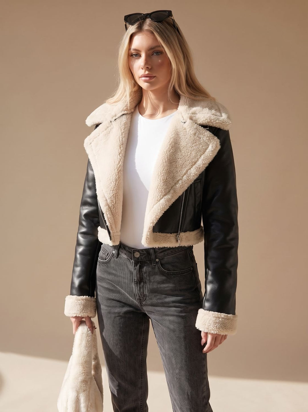 Damen Teddyjacke Kunstfellmantel Crop-Jacke in Leder-Optik