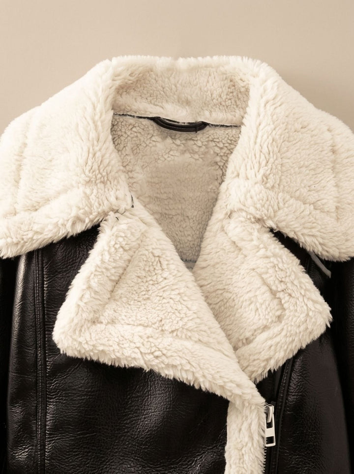 Damen Teddyjacke Kunstfellmantel Crop-Jacke in Leder-Optik