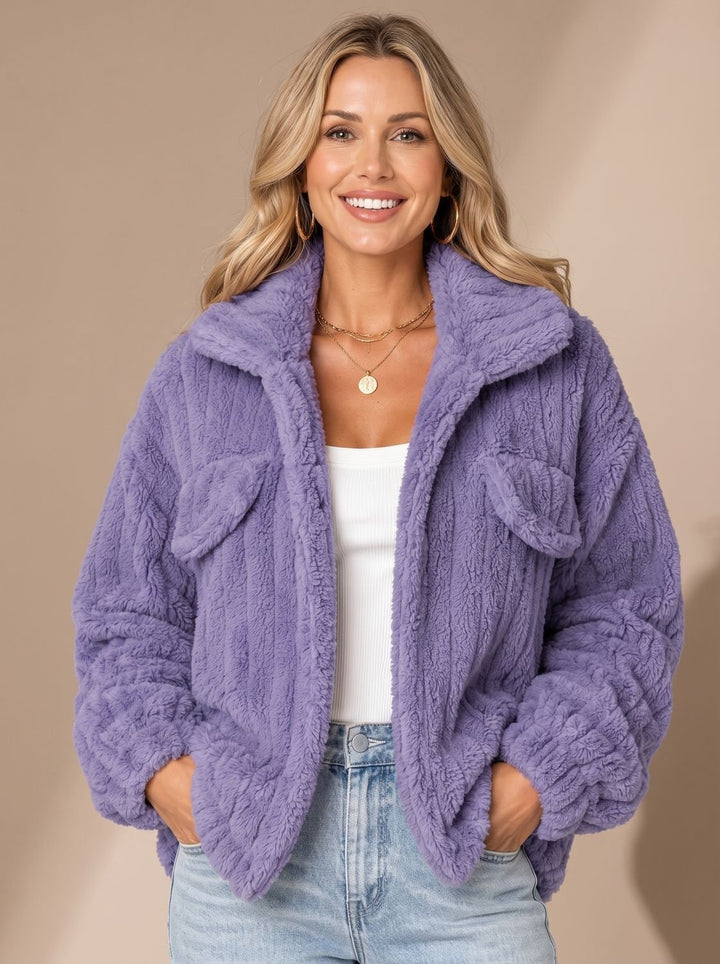 Damen Teddyjacke Kunstfellmantel Relaxed-Fit Fleecejacke Breiter Kragen - Lila