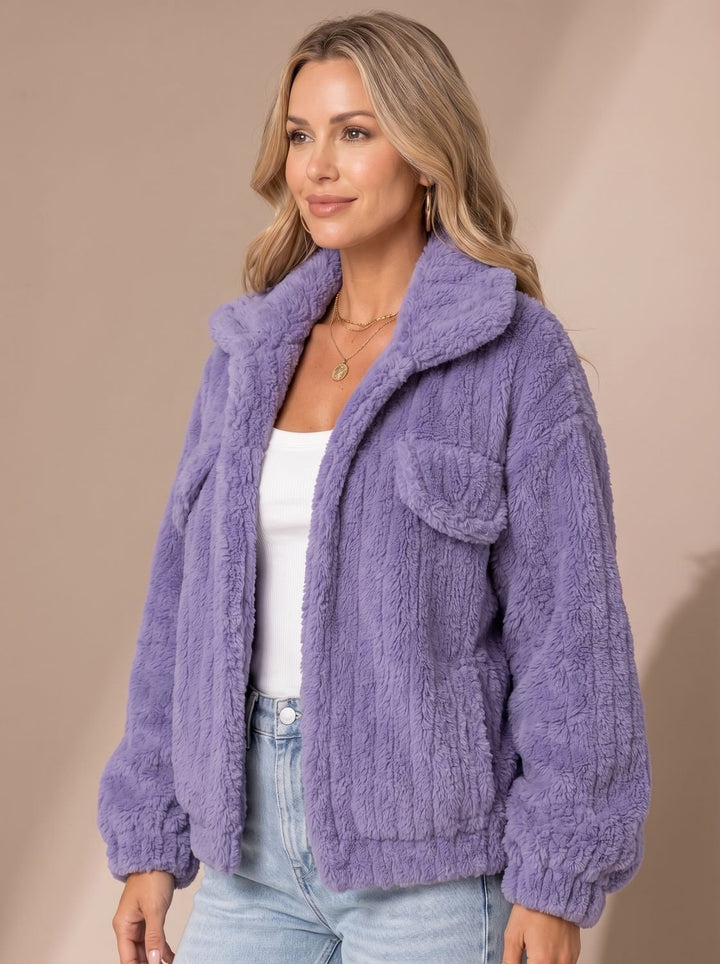 Damen Teddyjacke Kunstfellmantel Relaxed-Fit Fleecejacke Breiter Kragen
