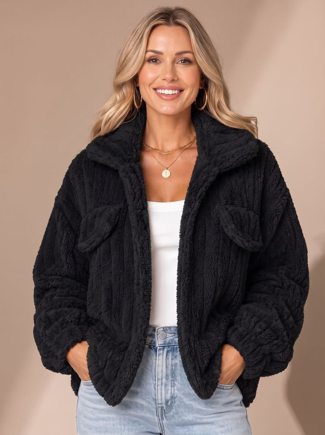 Damen Teddyjacke Kunstfellmantel Relaxed-Fit Fleecejacke Breiter Kragen - Schwarz