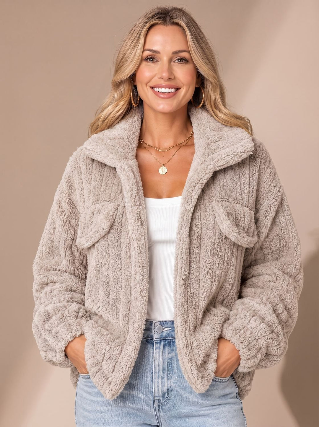 Damen Teddyjacke Kunstfellmantel Relaxed-Fit Fleecejacke Breiter Kragen - Beige