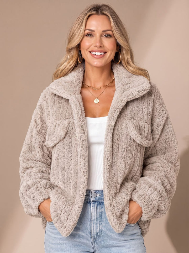 Damen Teddyjacke Kunstfellmantel Relaxed-Fit Fleecejacke Breiter Kragen - Beige