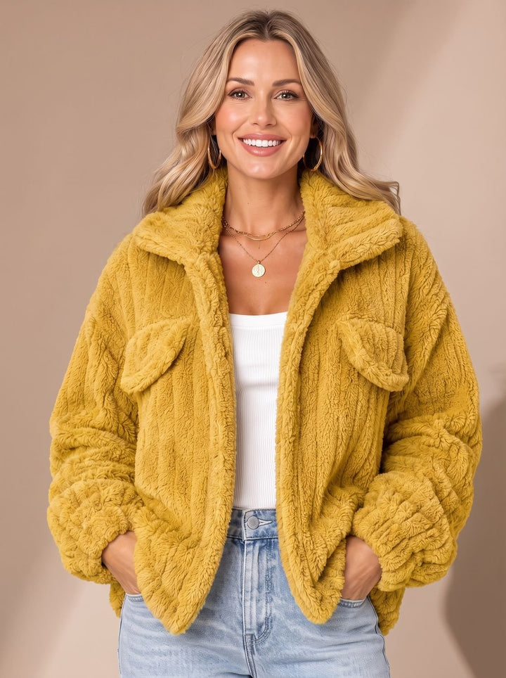 Damen Teddyjacke Kunstfellmantel Relaxed-Fit Fleecejacke Breiter Kragen - Gelb