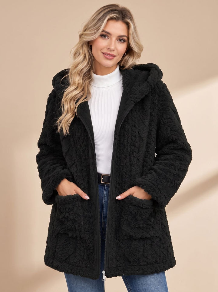 Damen Teddyjacke mit Kapuze Reißverschluss Kunstfellmantel Mittellang - Schwarz
