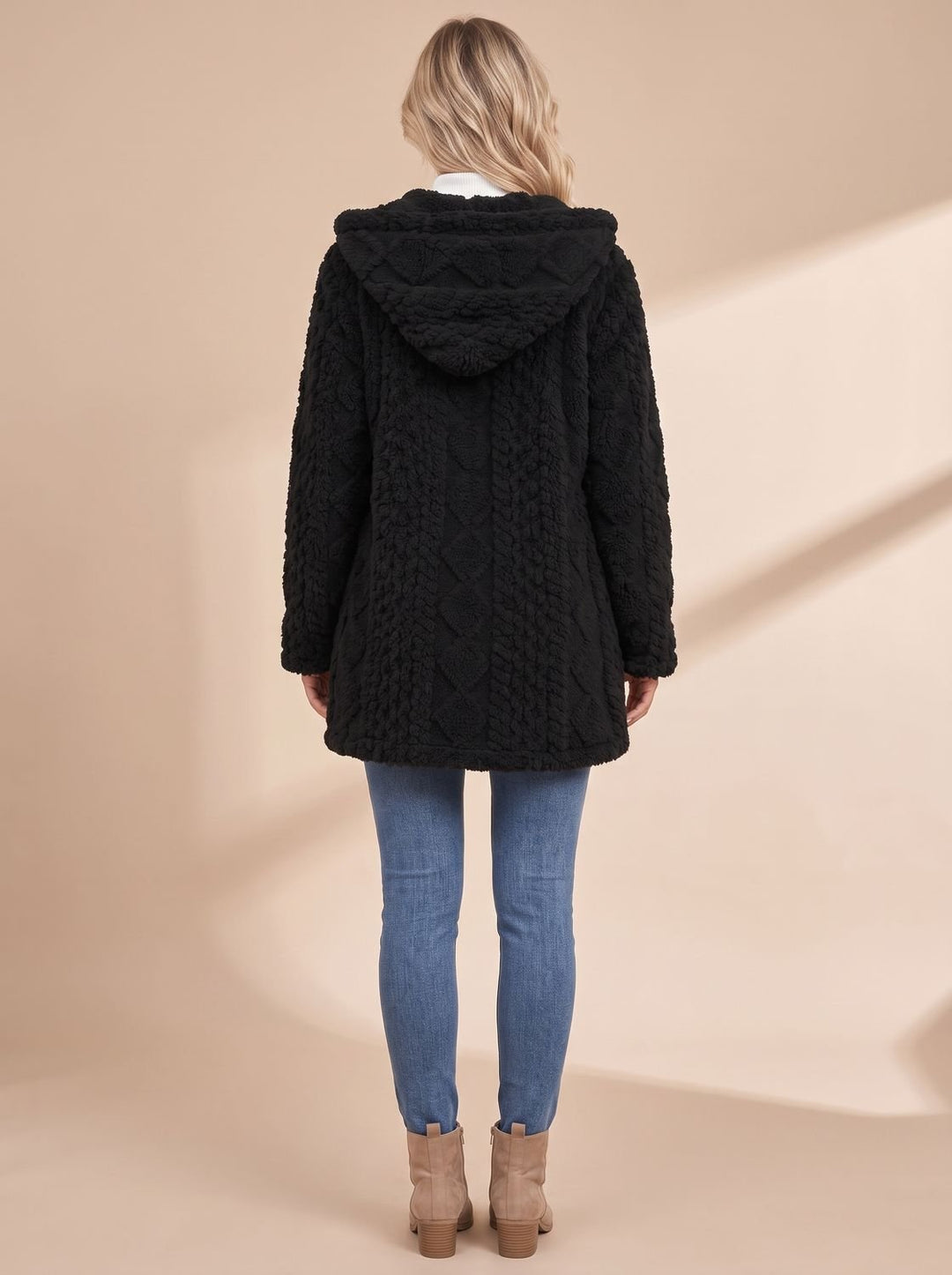Damen Teddyjacke mit Kapuze Reißverschluss Kunstfellmantel Mittellang