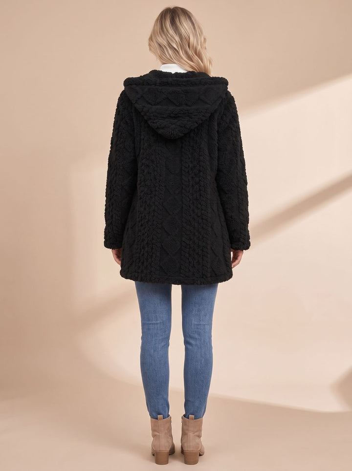 Damen Teddyjacke mit Kapuze Reißverschluss Kunstfellmantel Mittellang