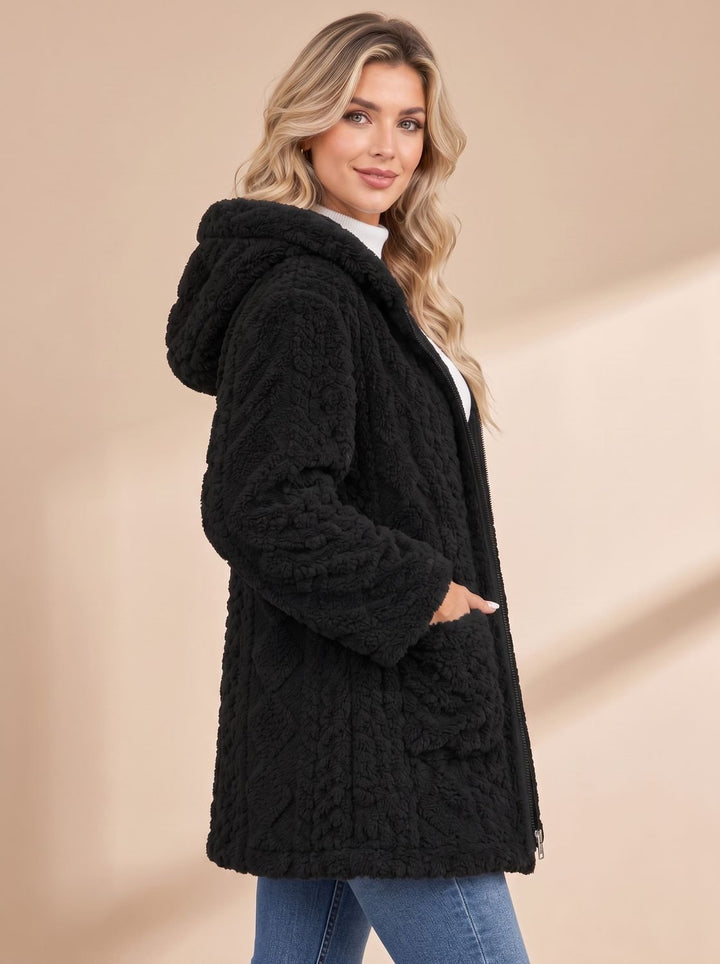 Damen Teddyjacke mit Kapuze Reißverschluss Kunstfellmantel Mittellang