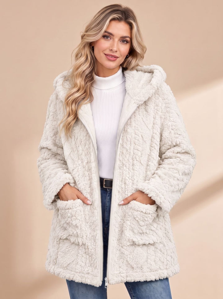 Damen Teddyjacke mit Kapuze Reißverschluss Kunstfellmantel Mittellang - Cremeweiß
