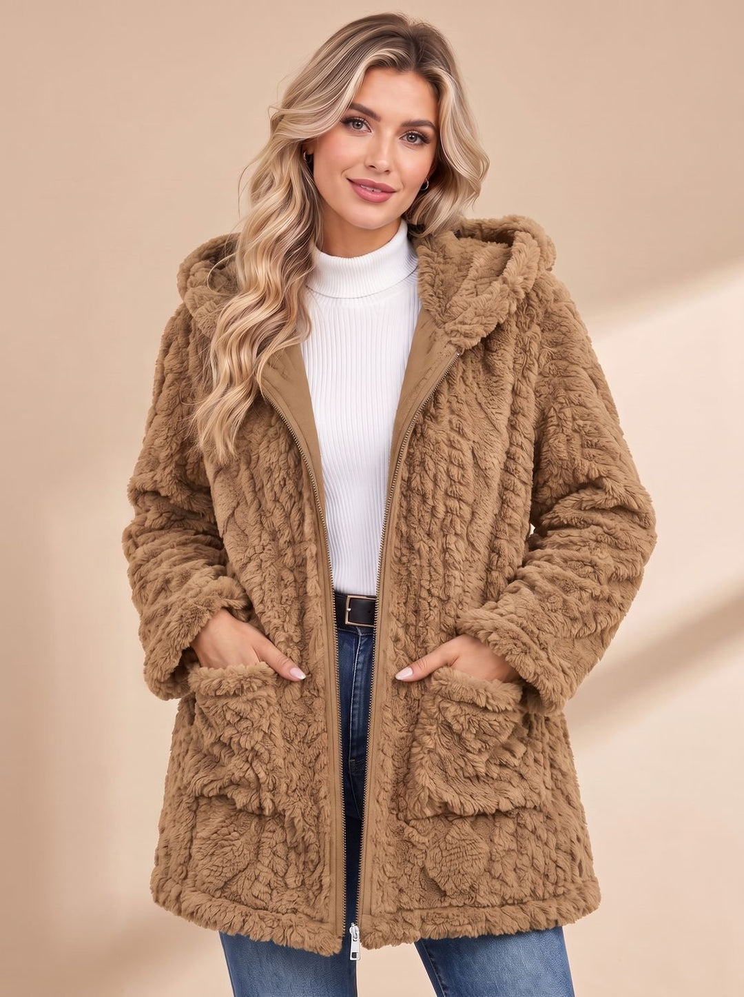 Damen Teddyjacke mit Kapuze Reißverschluss Kunstfellmantel Mittellang - Dunkelbraun