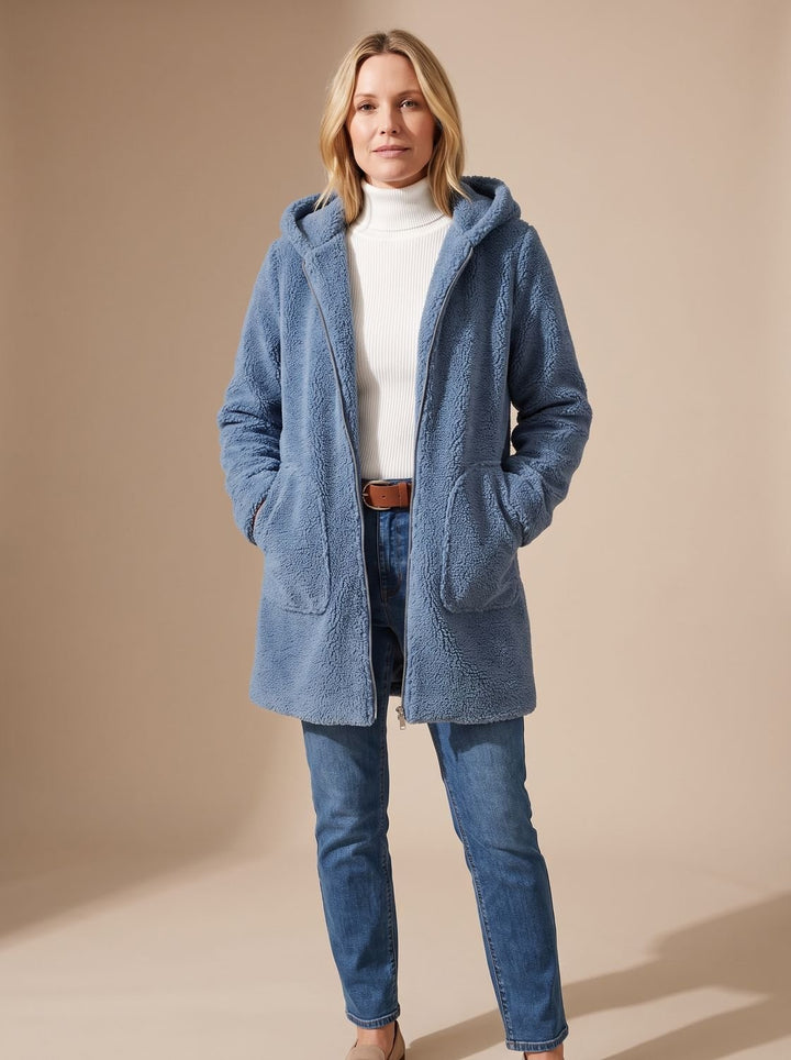 Damen Teddyjacke mit Kapuze Reißverschluss Kunstfellmantel Mittellang - Hellblau
