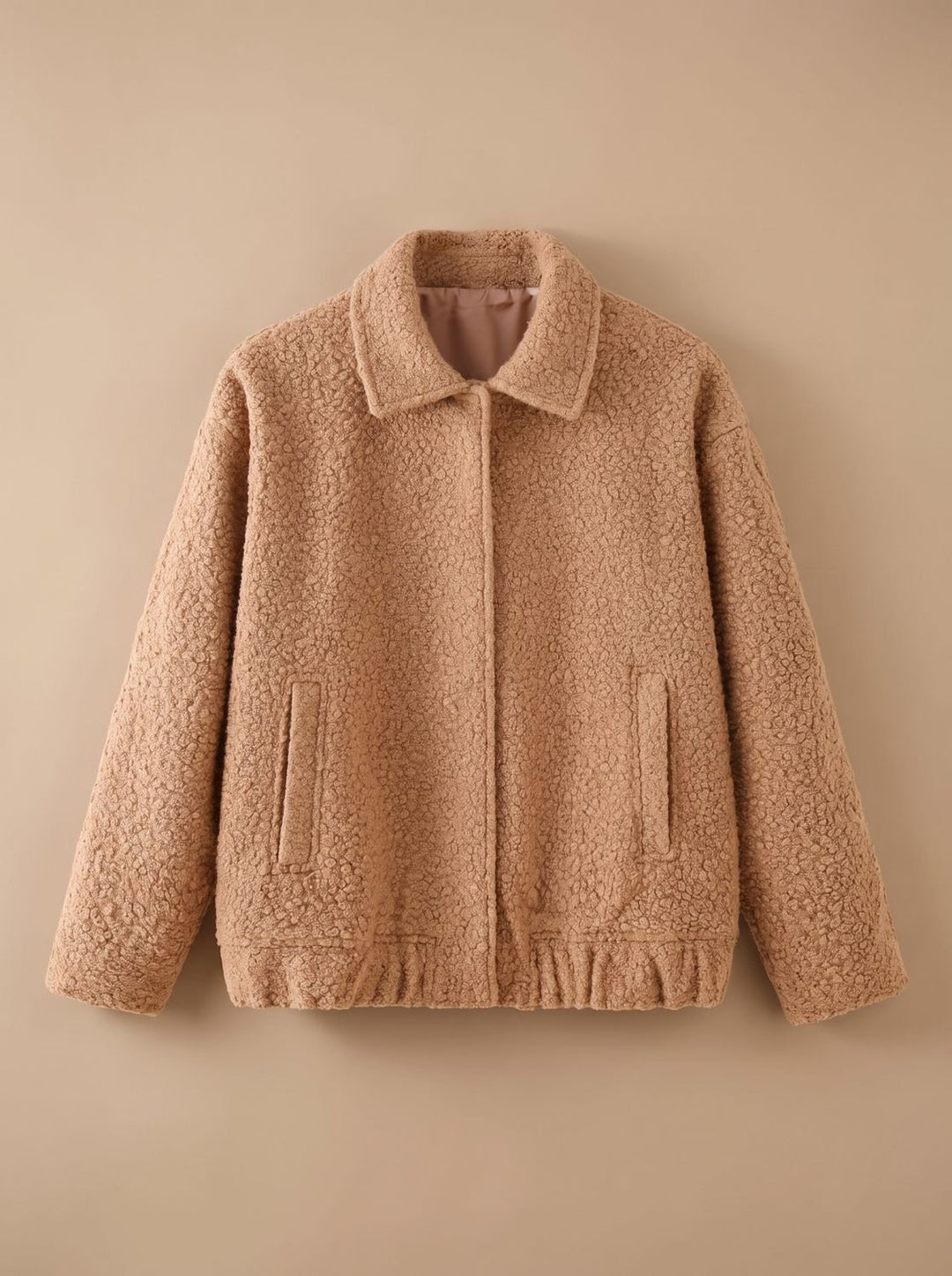Damen Teddyjacke mit Seitentaschen und elastischem Saum - Camelbraun