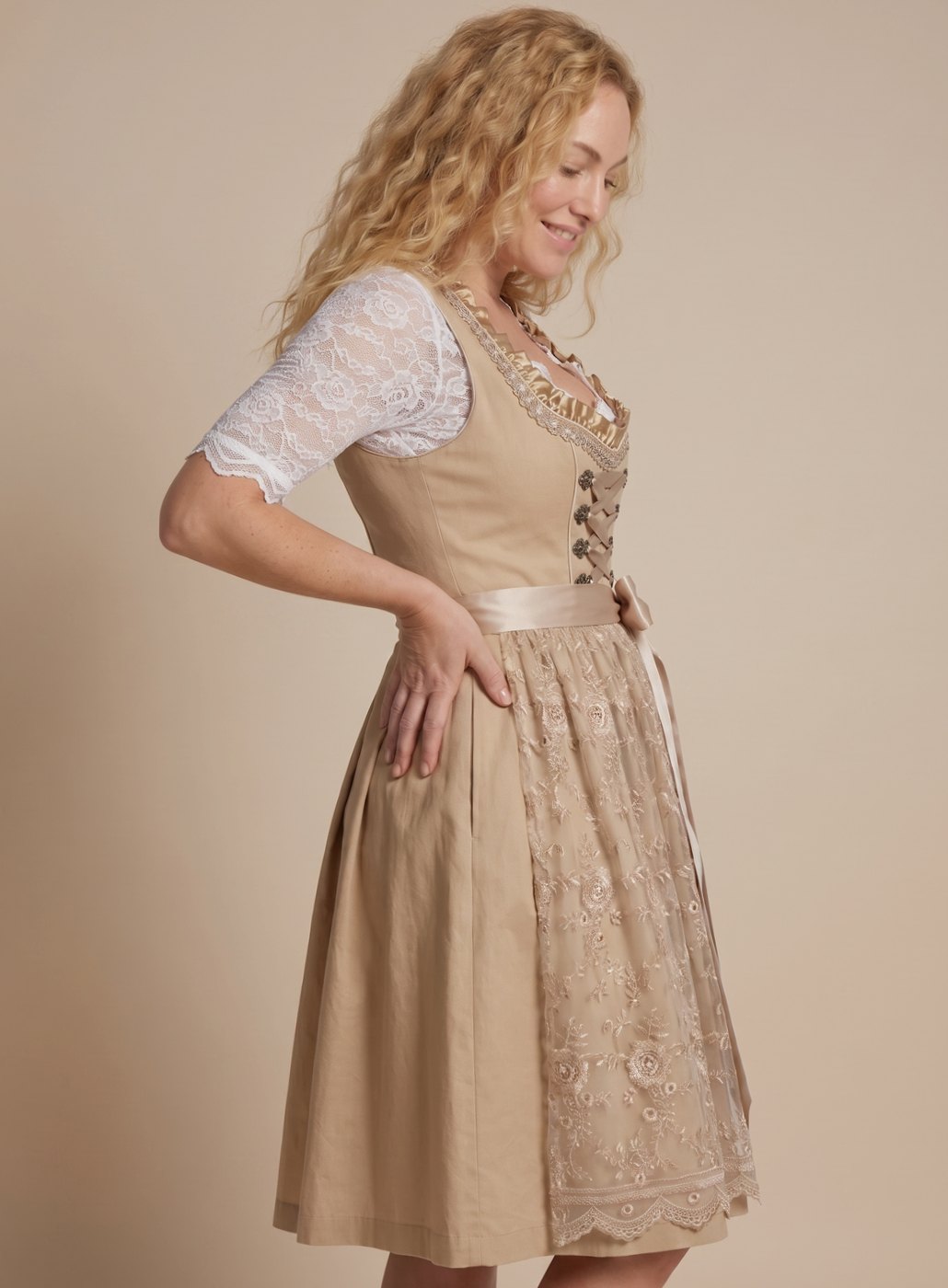 Damen Trachten-Dirndl Knielang Spitzenbluse Schnürung