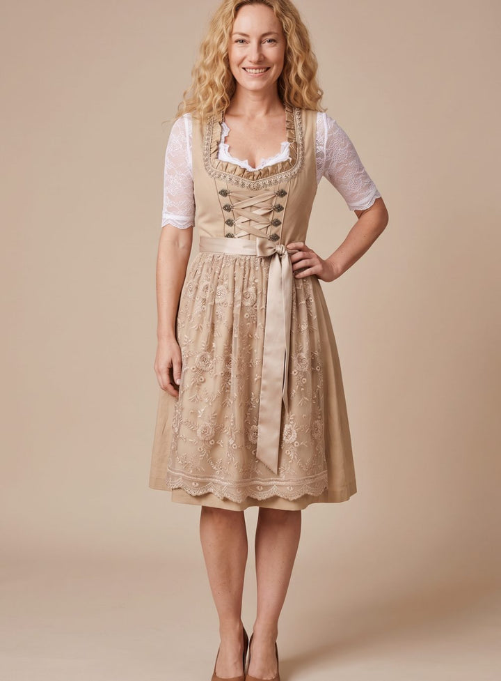 Damen Trachten-Dirndl Knielang Spitzenbluse Schnürung